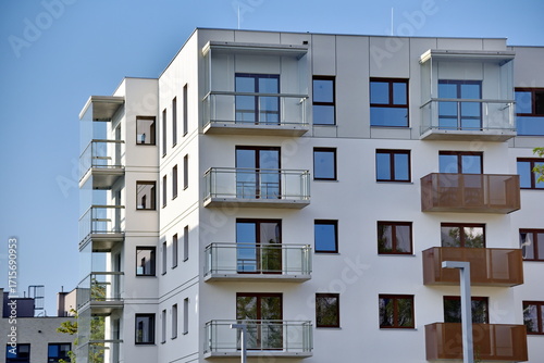 Windows and balcony. Newly constructed, modern residential buildings in Wroclaw, Poland.