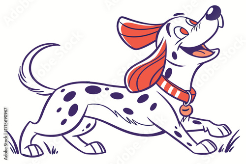 Cartoon Dalmatian Dog Running with Collar, Spots, Happy Expression and White Background