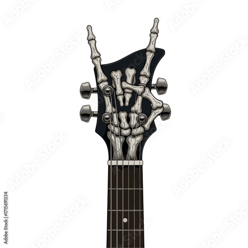guitar headstock, rock guitar, skeleton hand, devil horns gesture, rock symbol, heavy metal, gothic guitar, skull hand, rock and roll, bone texture, metal music, rock concert, dark guitar art, skeleto