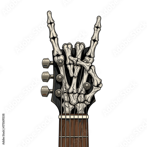guitar headstock, rock guitar, skeleton hand, devil horns gesture, rock symbol, heavy metal, gothic guitar, skull hand, rock and roll, bone texture, metal music, rock concert, dark guitar art, skeleto