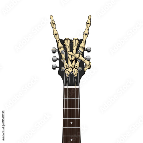 guitar headstock, rock guitar, skeleton hand, devil horns gesture, rock symbol, heavy metal, gothic guitar, skull hand, rock and roll, bone texture, metal music, rock concert, dark guitar art, skeleto