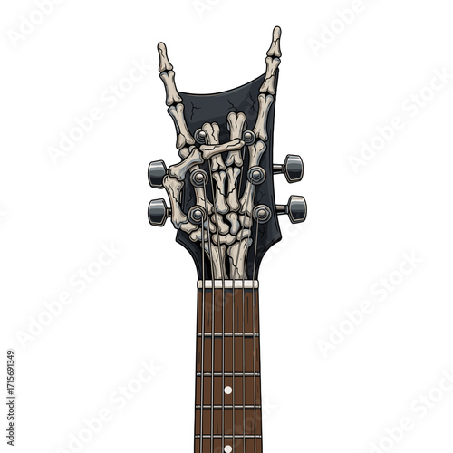 guitar headstock, rock guitar, skeleton hand, devil horns gesture, rock symbol, heavy metal, gothic guitar, skull hand, rock and roll, bone texture, metal music, rock concert, dark guitar art, skeleto