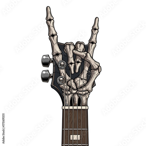 guitar headstock, rock guitar, skeleton hand, devil horns gesture, rock symbol, heavy metal, gothic guitar, skull hand, rock and roll, bone texture, metal music, rock concert, dark guitar art, skeleto