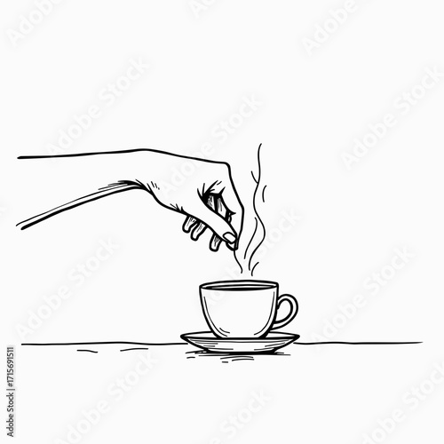 Hand adding sugar to steaming coffee cup on white background  