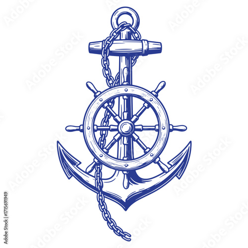Classic nautical illustration combining anchor ship wheel chain in deep blue color