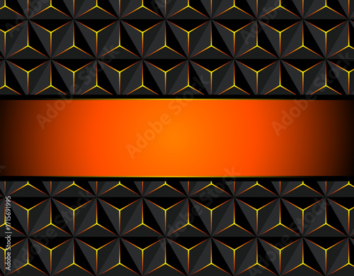 Black and orange abstract background wih banner inside and triangle mosaic pattern, 3D dark texture illustration.