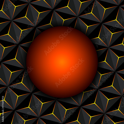 Black and orange abstract background wih circle banner inside and triangle mosaic pattern, 3D dark texture illustration.