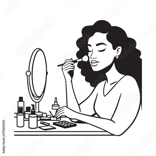 Black and white line art of a beautiful woman doing makeup at dressing table with mirror illustration

