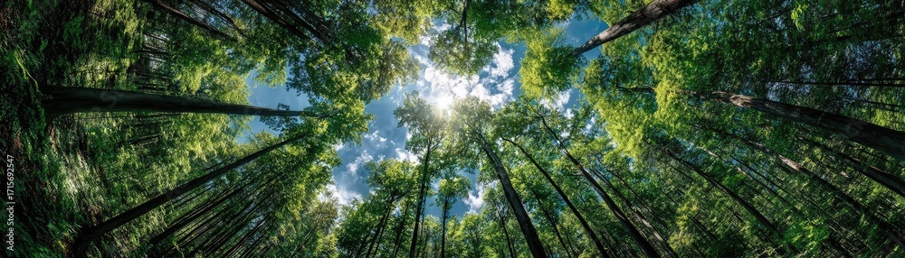Fototapeta premium Trees in forest rising toward blue sky concept. View of a lush forest canopy with sunlight filtering through trees.