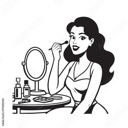 Black and white line art of a beautiful woman doing makeup at dressing table with mirror illustration
