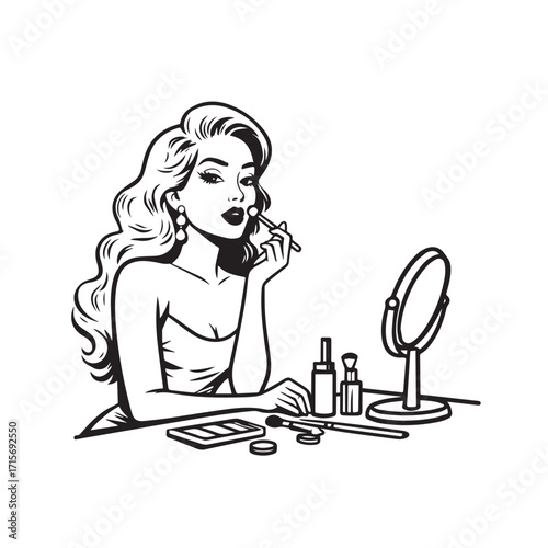 Black and white line art of a beautiful woman doing makeup at dressing table with mirror illustration
