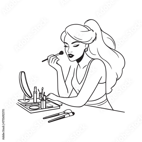 Black and white line art of a beautiful woman doing makeup at dressing table with mirror illustration

