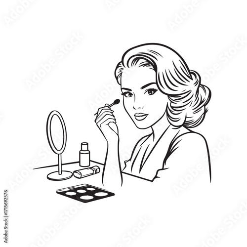 Black and white line art of a beautiful woman doing makeup at dressing table with mirror illustration
