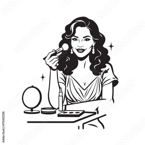 Black and white line art of a beautiful woman doing makeup at dressing table with mirror illustration
