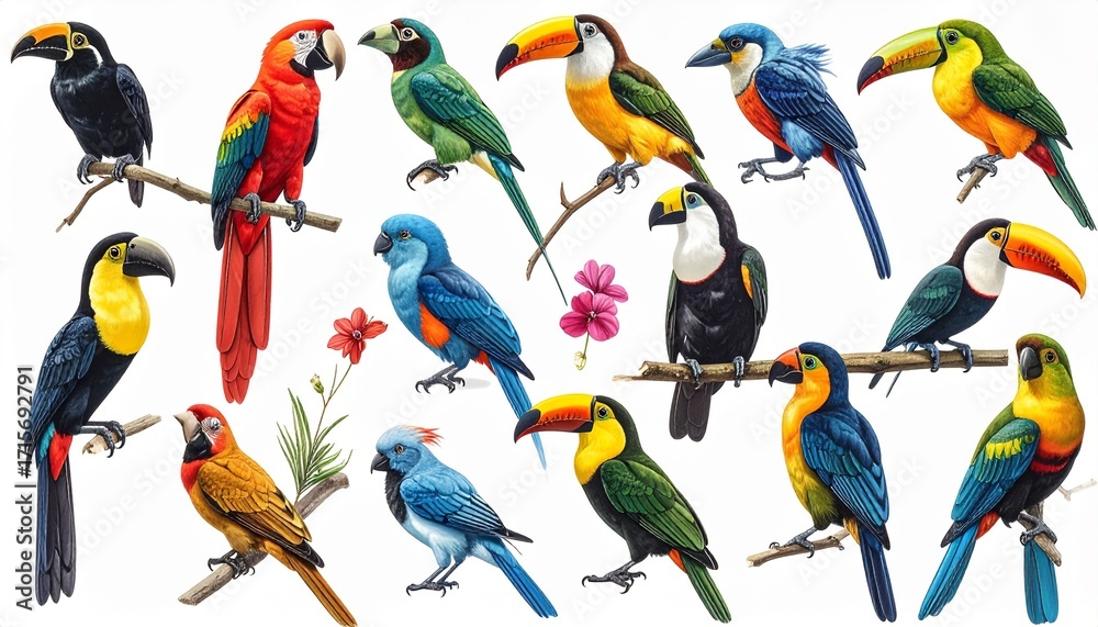 Obraz premium Many beautiful exotic birds on white background, collection