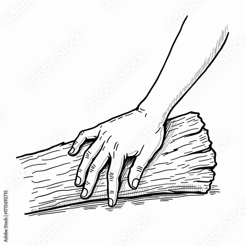 Hand applying pressure to wooden log in sketch illustration  