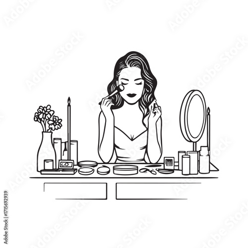 Black and white line art of a beautiful woman doing makeup at dressing table with mirror illustration
