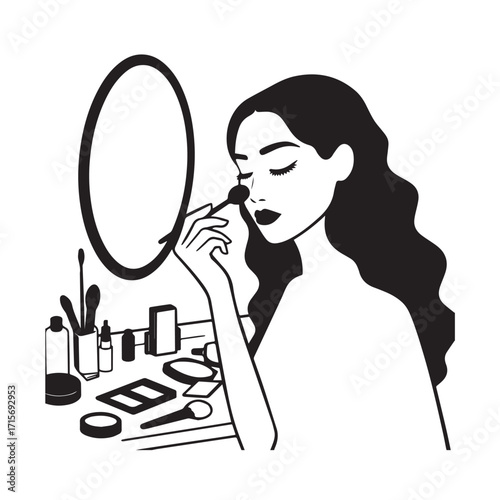 Black and white line art of a beautiful woman doing makeup at dressing table with mirror illustration
