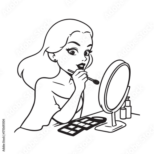 Black and white line art of a beautiful woman doing makeup at dressing table with mirror illustration
