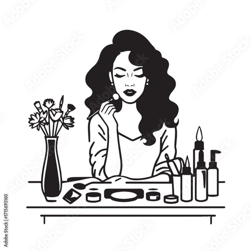 Black and white line art of a beautiful woman doing makeup at dressing table with mirror illustration
