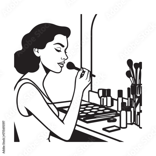 Black and white line art of a beautiful woman doing makeup at dressing table with mirror illustration
