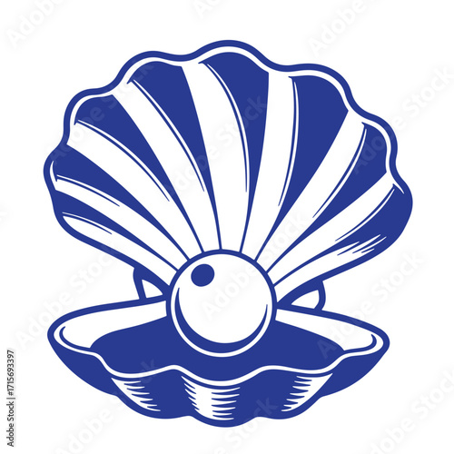 Elegant blue and white illustration of a pearl within an open seashell clam vector