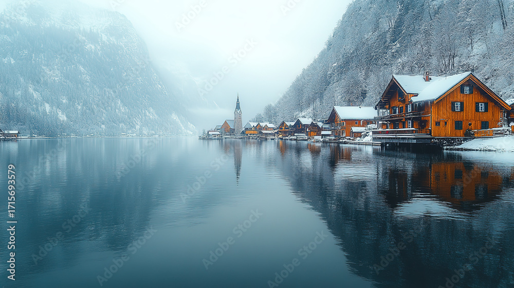 Fototapeta premium Winter View of Hallstatt, Austria: Mountain & Lake in Front, Old Wooden Waterfront Buildings, Hillside Houses, White Sky, Cold Tone, for Decor/Wallpaper/Poster
