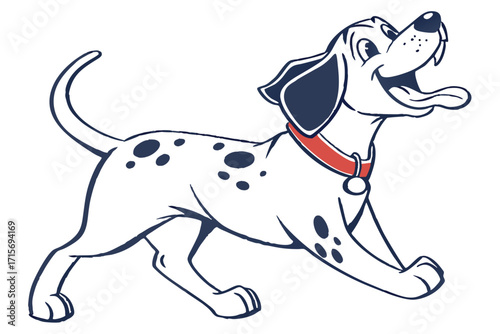Cartoon Dalmatian Dog with Red Collar, Cheerful Expression on White Background