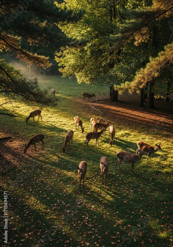 Overhead shot of a herd of deer grazing in a forest clearing, cinematic top view