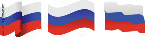 Three Artistic Variations of the Russian National Flag on Clean Background
