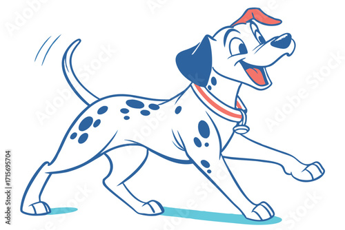 Cartoon Dalmatian Running Vector, Happy Puppy with Collar on White Background
