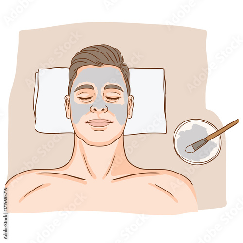 Applying mask on male client's face in spa salon.