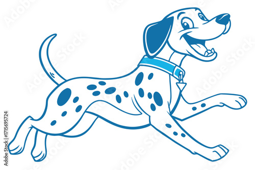 Cartoon Dalmatian Running with Blue Outline on White Background Pet