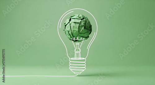 Green crumpled paper idea bulb, symbolizing innovation and creativity