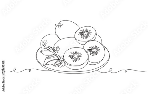 one line art Kiwi vector illustration. line art, one continuous line, simple, kiwi fruits continuous line art drawing, Kiwi Fruit Line Drawing with Sliced Fruit and Leaves
