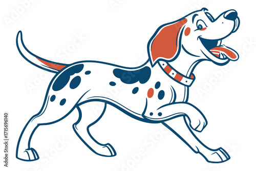 Cartoon Dog Running with Spotted Coat, Collar on White Background