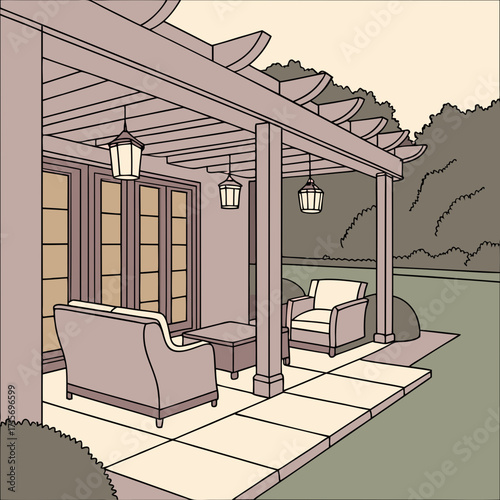 Illustration of a cozy outdoor patio with furniture and hanging lanterns