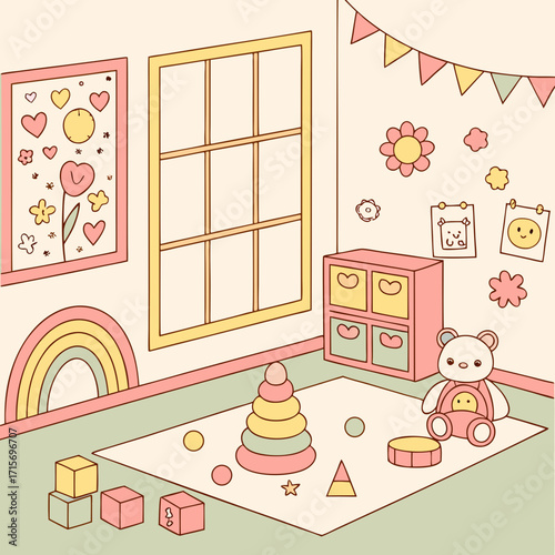 Vector art of cozy playroom interior with toys and decorations in pastel colors scheme