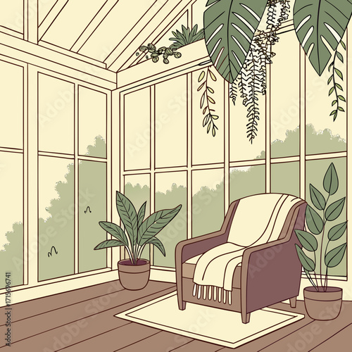 Vector art of cozy sunroom interior with armchair, plants, and natural light illustration