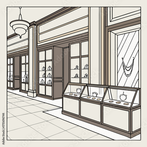 Vector art of elegant jewelry store interior with display cases and a classic chandelier