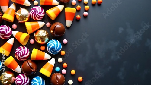 Flat Lay of Colorful Halloween Candy on Dark Background
