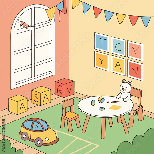 Vector art of cute playroom interior with toys and furniture in cartoon style design