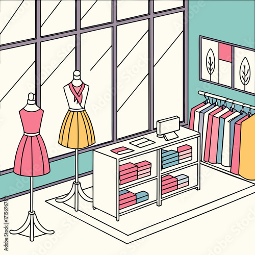 Vector art of fashion store interior with dresses, clothes rack, and display shelf isometric view