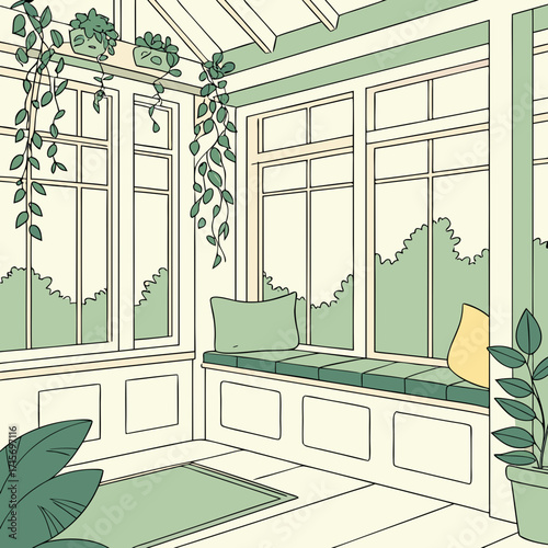 Vector art of serene sunroom interior with bench, plants, and natural light illustration