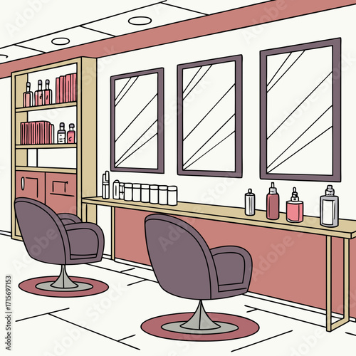 Illustration of a hair salon with mirrors, chairs, and product display
