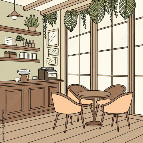 Vector art of cozy cafe interior with plants, chairs, and tables near the window