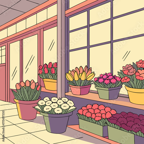 Vector art of cozy flower shop interior with colorful tulips and inviting window display