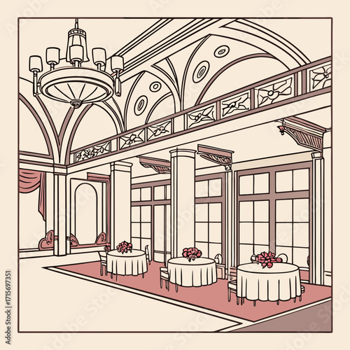 Vector art of elegant ballroom interior with tables set for a formal event or celebration