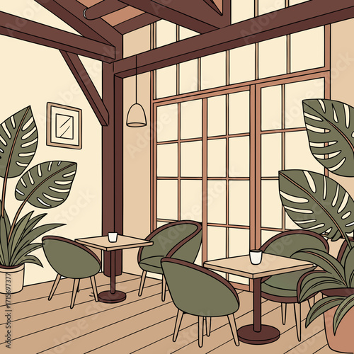 Vector art of elegant cafe interior with plants, chairs, and tables near the window