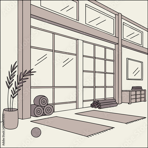 Vector art of minimalist yoga studio interior with mats, towels, and a plant in a pot